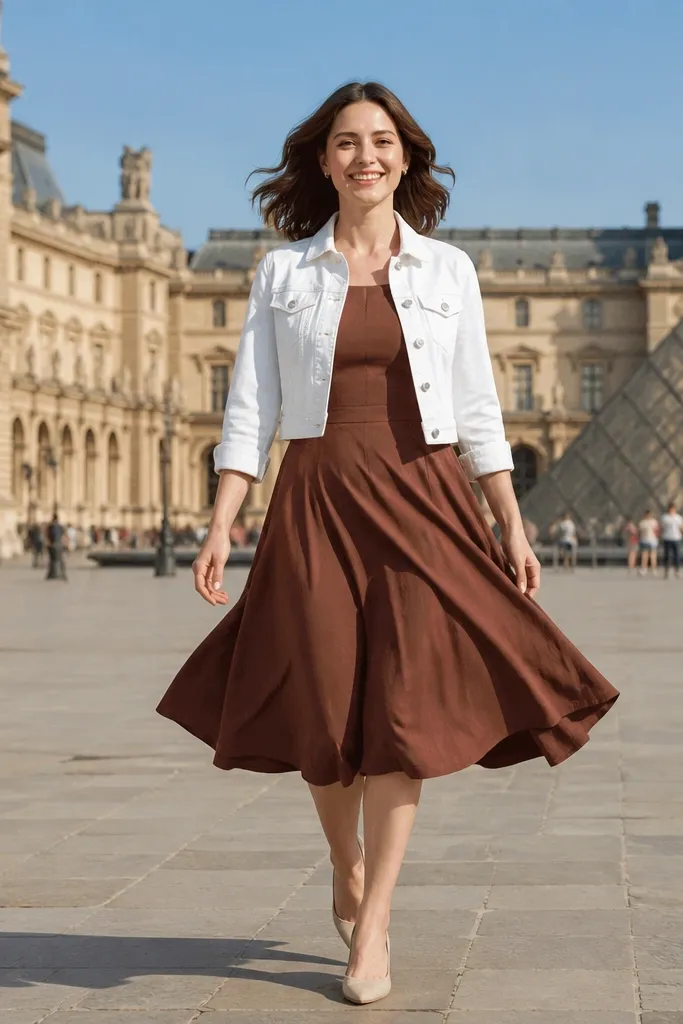 Chestnut fit-and-flare dress with white cropped denim jacket and tan sandals