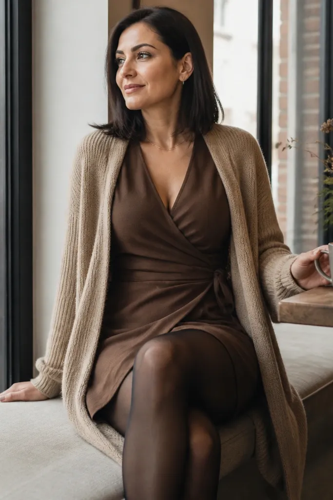 Brown wrap mini dress with black tights and long camel cardigan