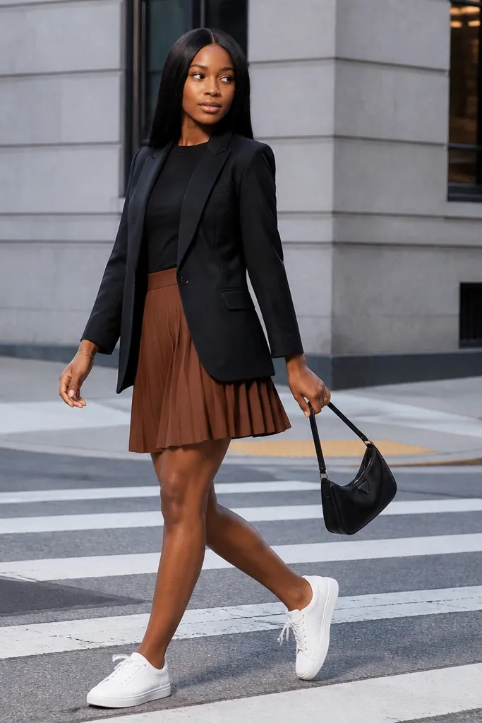 Warm brown pleated mini with black blazer and white sneakers