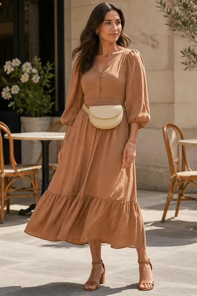 Caramel tea dress with cream belt bag and tan sandals