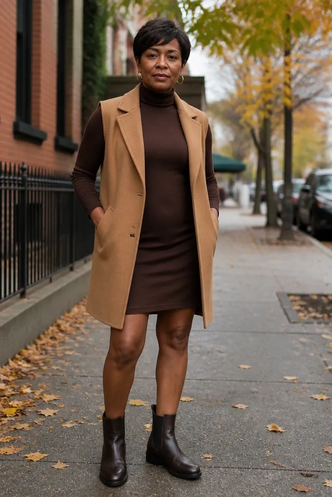 Chocolate mini dress with longline camel vest and Chelsea boots