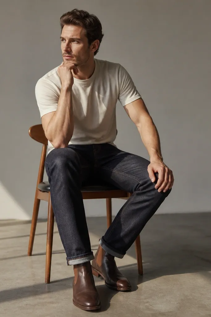 Cream T-shirt with dark indigo jeans and brown Chelsea boots