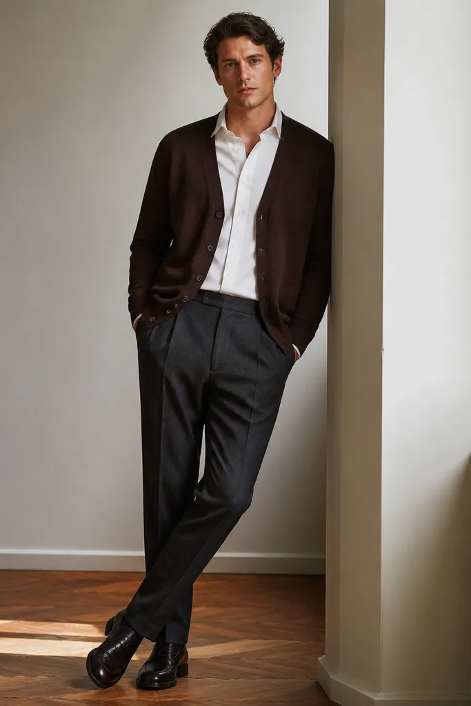 White button-down under a chocolate brown cardigan with charcoal tapered trousers