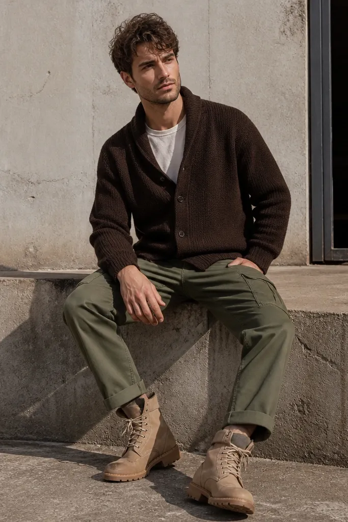 Chocolate cardigan with olive cargo pants and tan lace-up boots