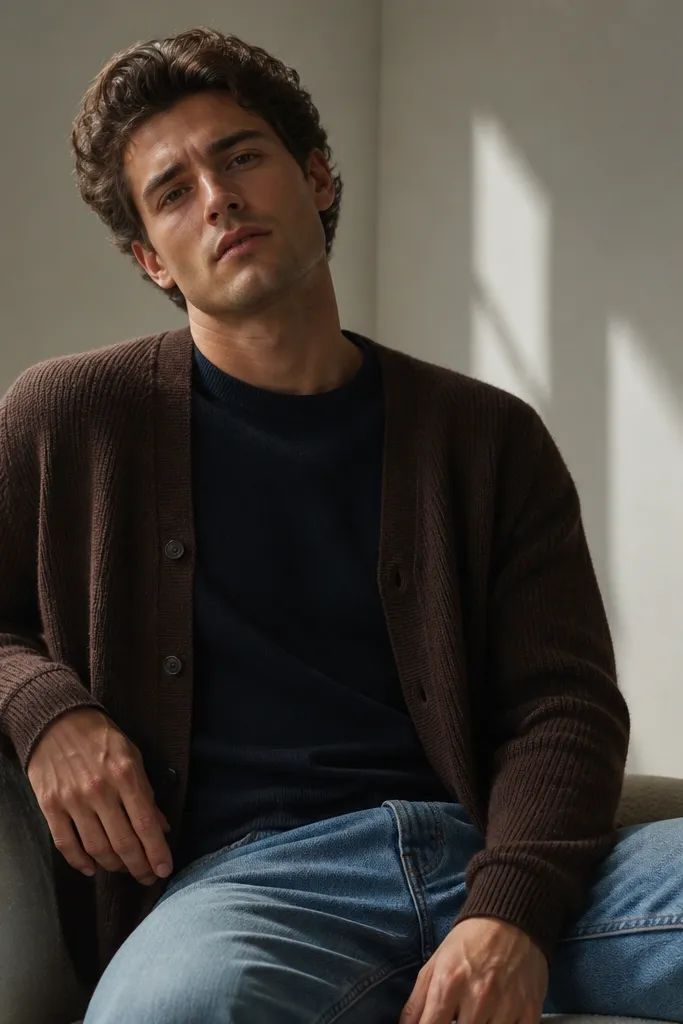 Navy crewneck under a chocolate cardigan with medium-wash straight jeans