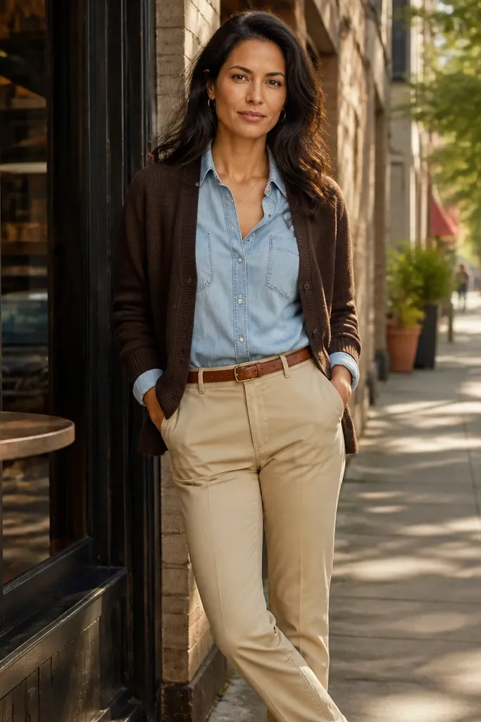 Chambray shirt under a chocolate cardigan with beige chinos and brown belt