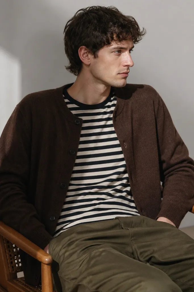 Striped black-and-cream tee under a chocolate cardigan with olive trousers