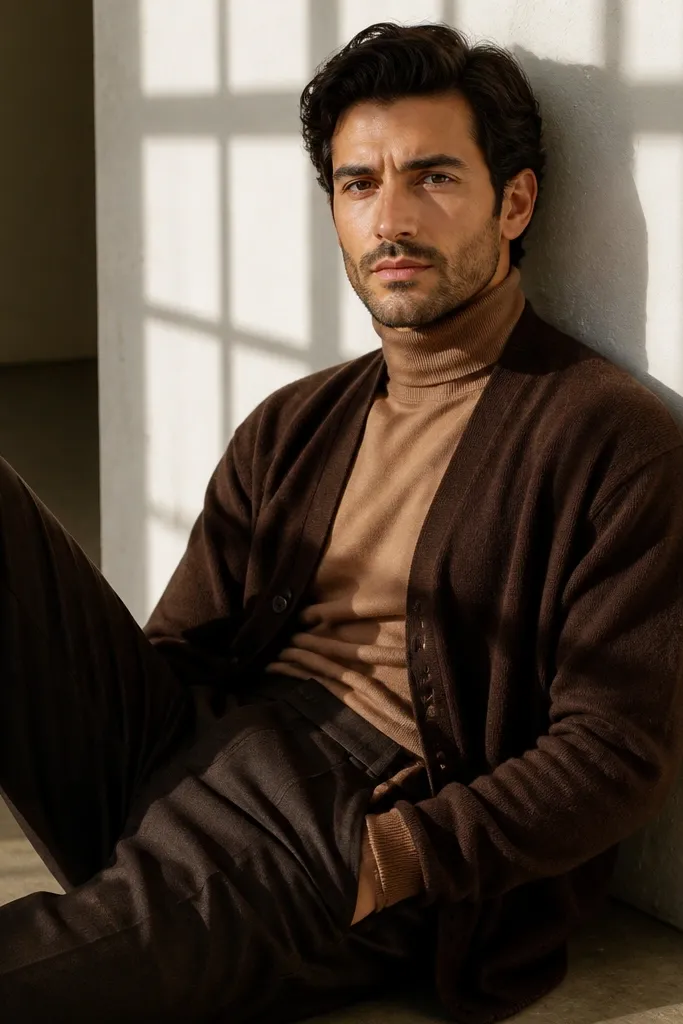 Camel turtleneck under a chocolate cardigan with dark brown pleated trousers