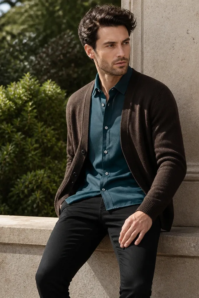 Teal button-up under a chocolate cardigan with black skinny trousers