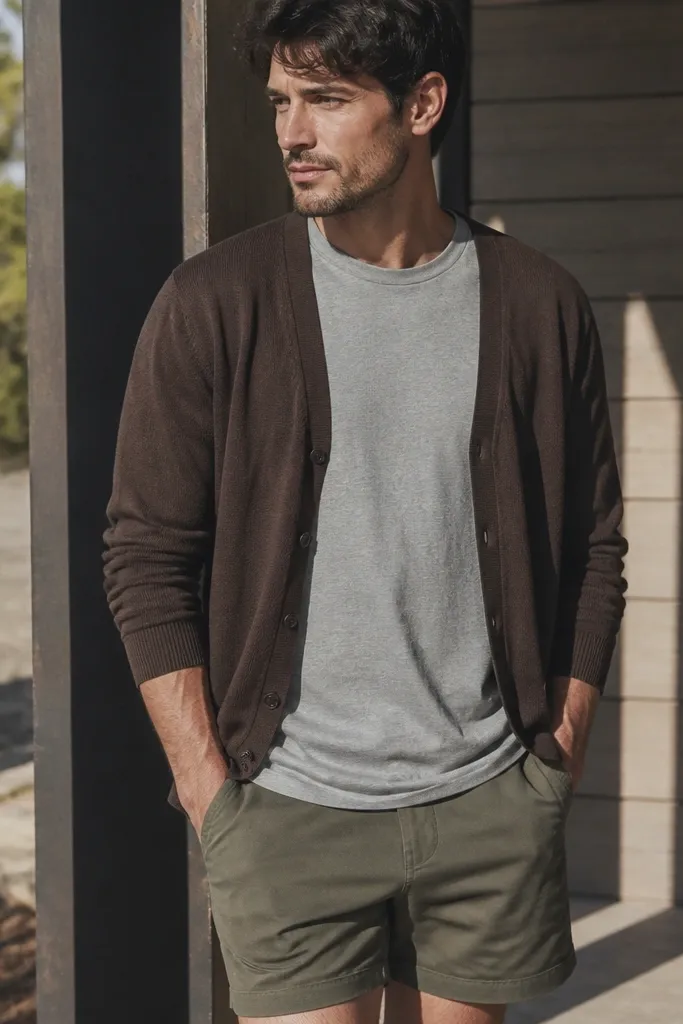 Light gray tee with chocolate cardigan and olive shorts