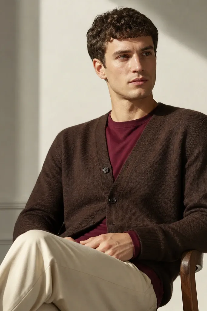 Burgundy long-sleeve under a chocolate cardigan with cream chinos