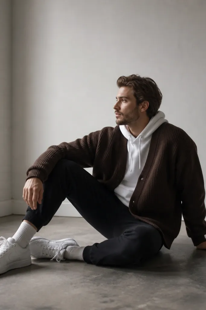 White hoodie under a chocolate cardigan with black tapered joggers