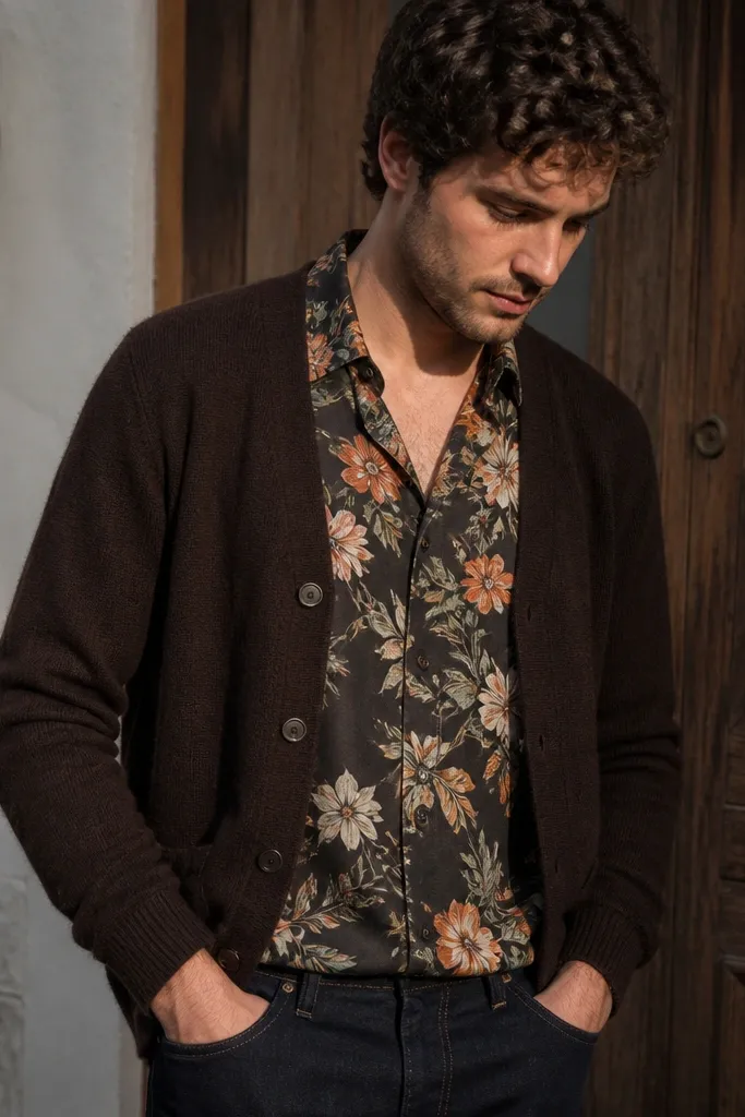 Floral short-sleeve shirt under a chocolate cardigan with dark denim