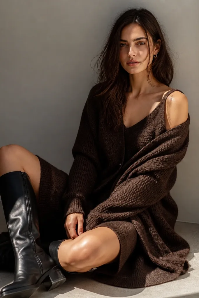 Chocolate brown cardigan with matching knit top and black boots