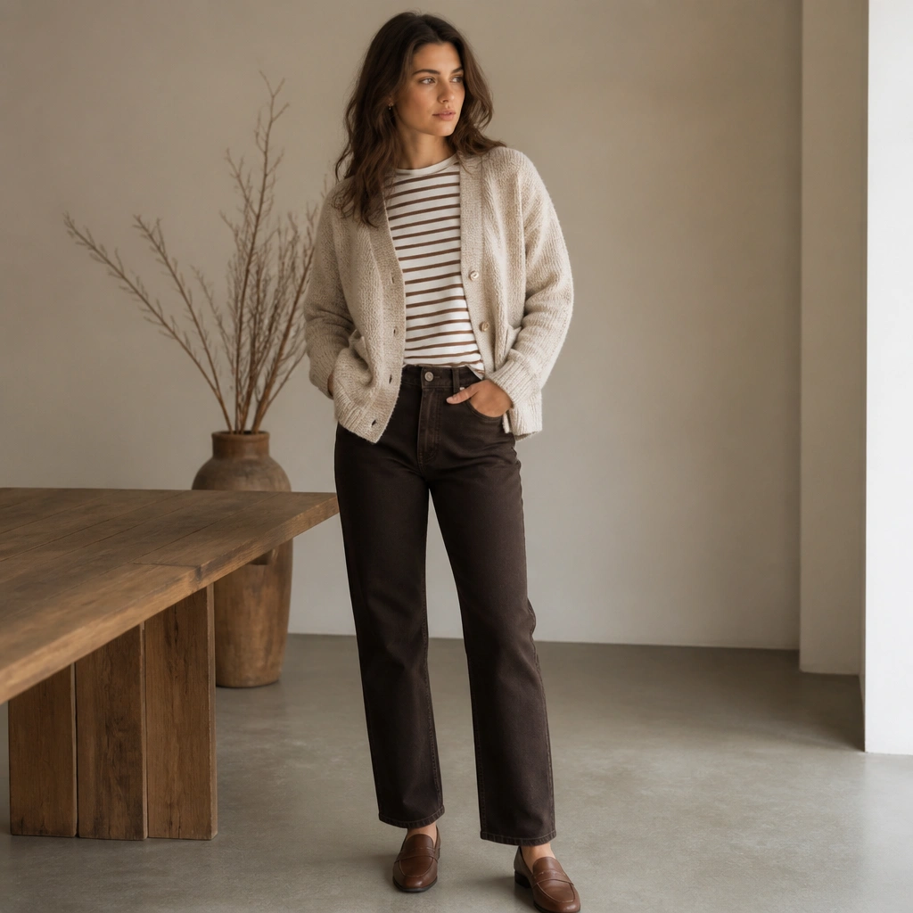 A brown-and-white striped shirt layered under an oatmeal knit cardigan, with dark espresso straight-leg jeans and brown leather loafers.