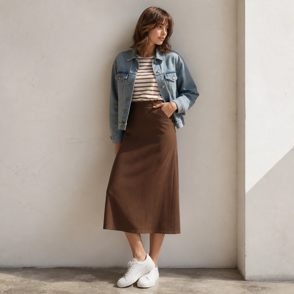 A brown midi skirt with a brown-and-white striped shirt tucked in, topped with a faded French-blue denim jacket; white sneakers complete the look.