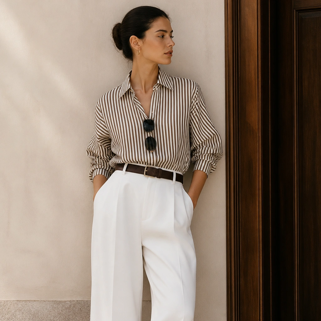A brown-and-white striped shirt tucked into high-waisted white wide-leg pants, cinched with an espresso leather belt; minimal black sunglasses sit above the collar.