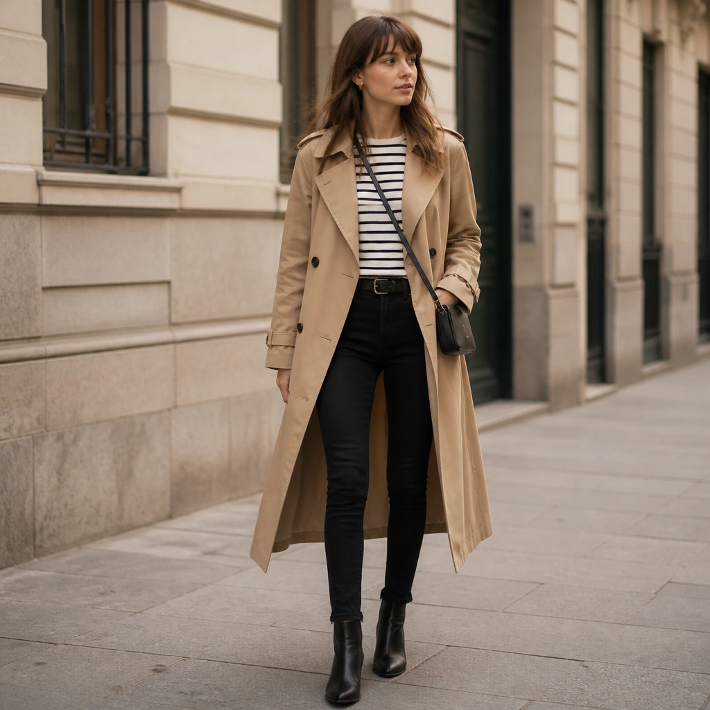 A striped shirt tucked into black skinny jeans, layered with a camel trench coat; black ankle boots and a small crossbody bag complete the styling.