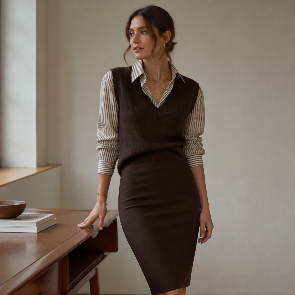 A striped shirt under a chocolate-brown sweater vest, paired with a pencil skirt in dark brown; layered gold necklaces sit at the neckline.