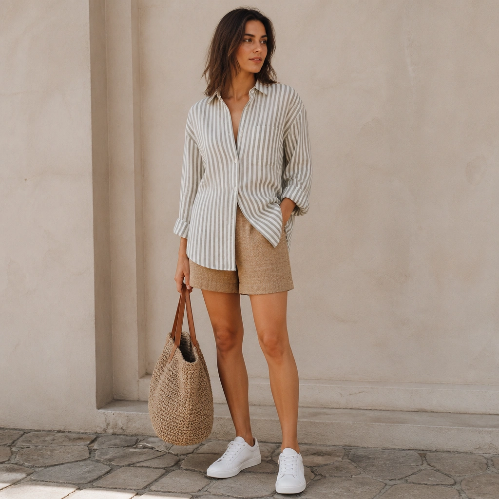 A striped shirt worn untucked over light-brown woven shorts, with white sneakers and a straw tote; the shirt looks slightly airy with natural wrinkles.