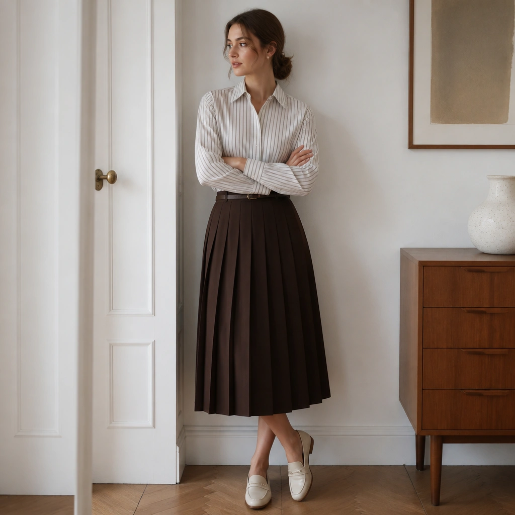 A striped shirt tucked into a dark brown pleated skirt, paired with cream loafers; the collar sits cleanly and the cuffs are neatly buttoned.
