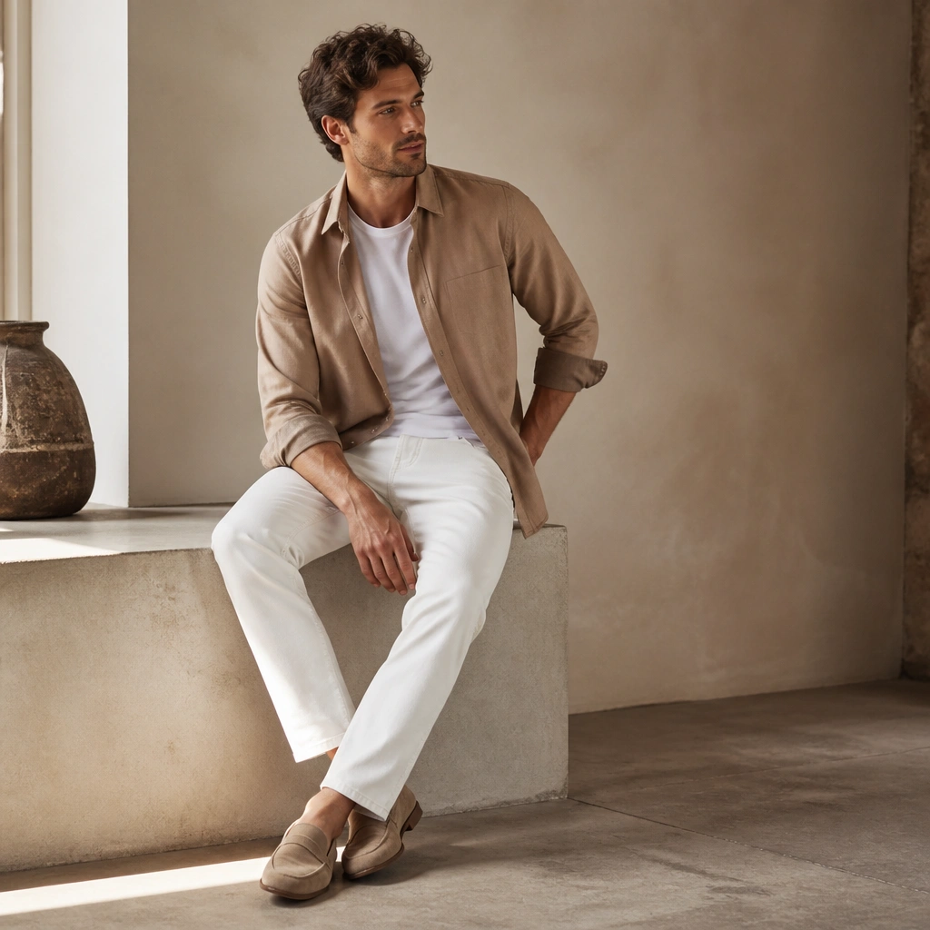 A light brown overshirt layered over a white tee with light-wash white denim jeans. The sleeves are rolled to mid-forearm, and the look is finished with tan suede loafers.