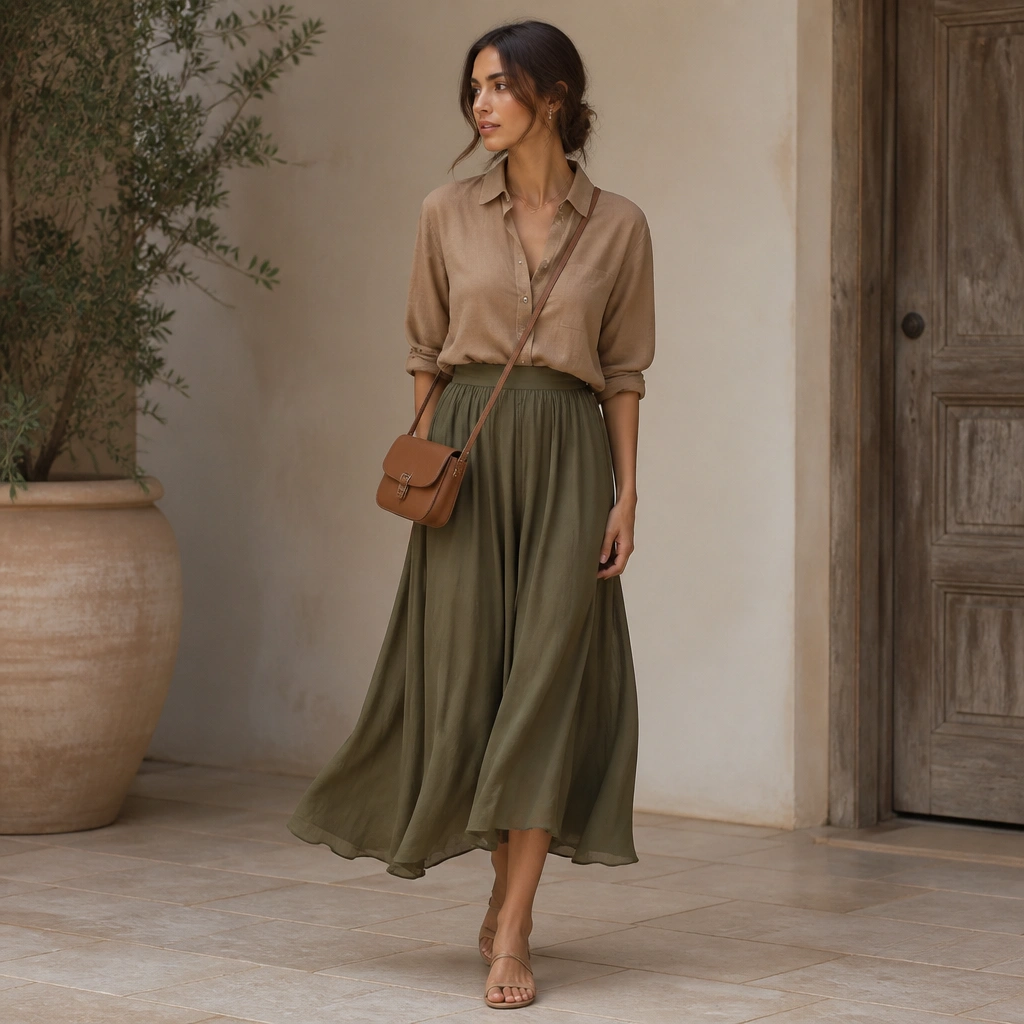 A light brown button-up shirt worn with a flowy olive green midi skirt. The shirt is buttoned up to the second or third button, with a small tan crossbody bag and neutral sandals.