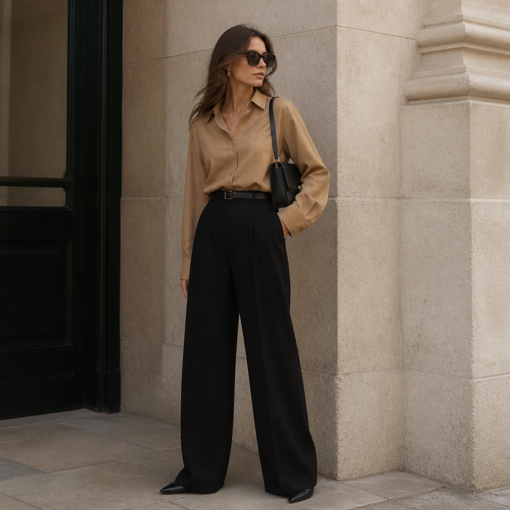 A light brown long-sleeve shirt tucked into high-waisted black wide-leg pants. The outfit is accessorized with black sunglasses and a structured black shoulder bag.