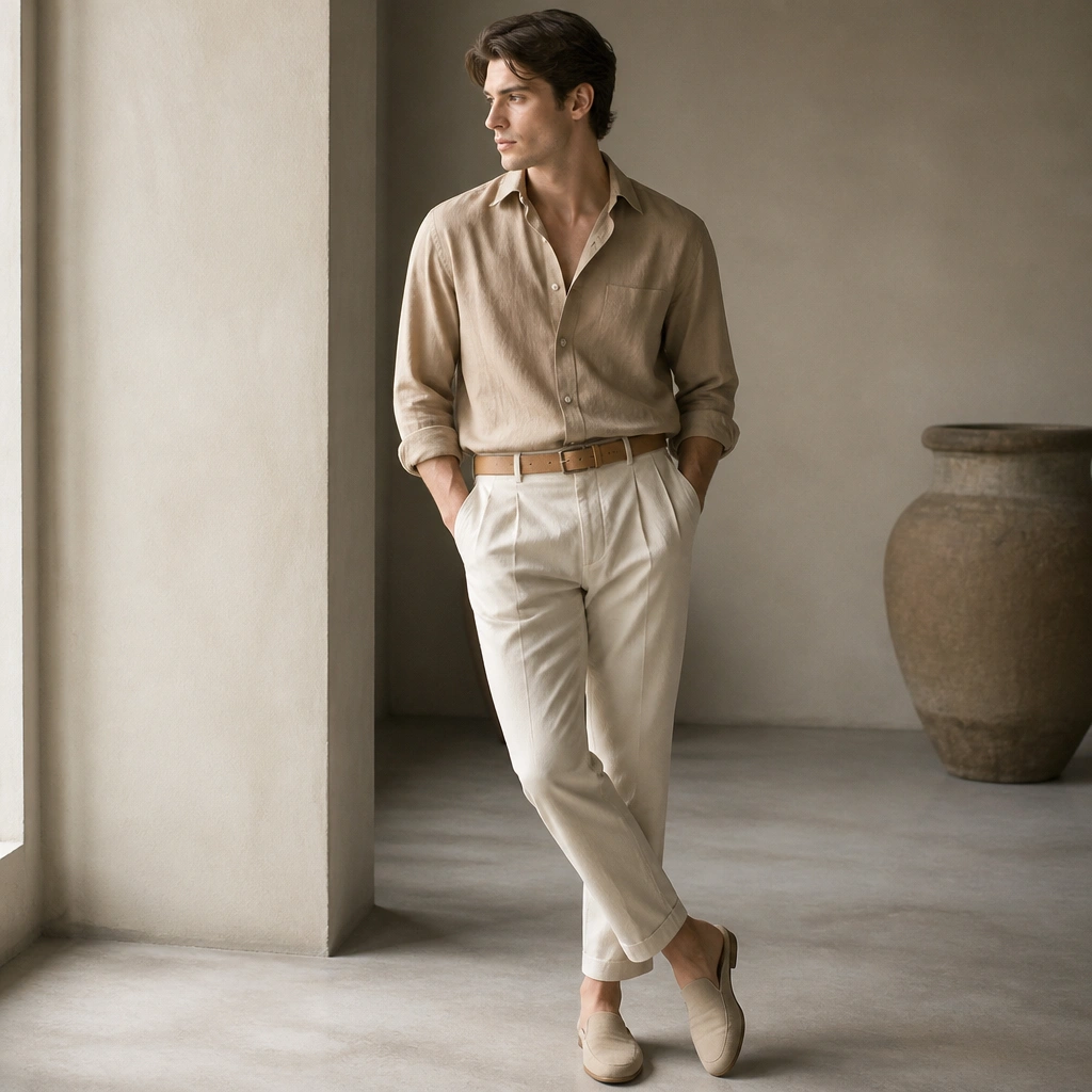 A monochrome look with a light brown shirt worn with tapered sand trousers. The styling includes a matching belt in tan leather and beige mules.