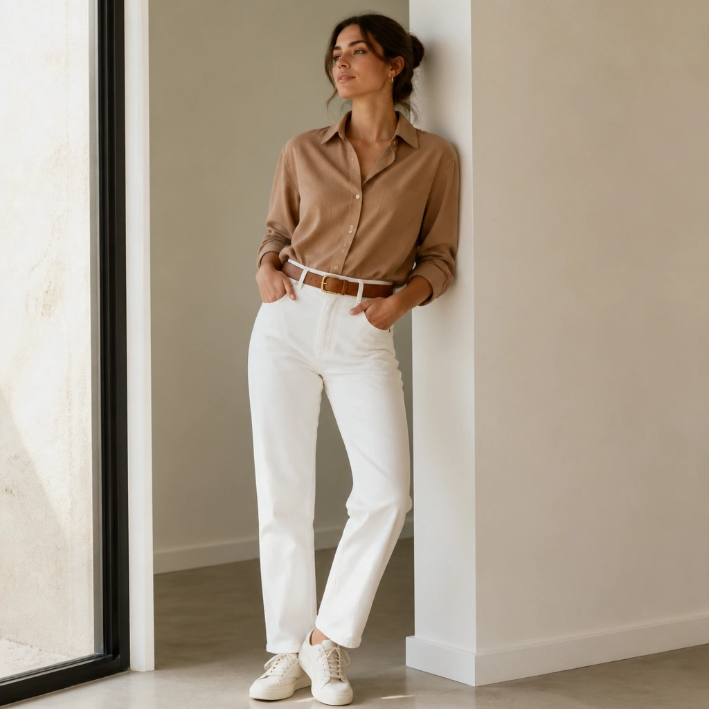 A light brown shirt worn over the front of white straight-leg jeans. A caramel belt cinches the waist, and the shoes are off-white sneakers with a simple gold hoop earring.