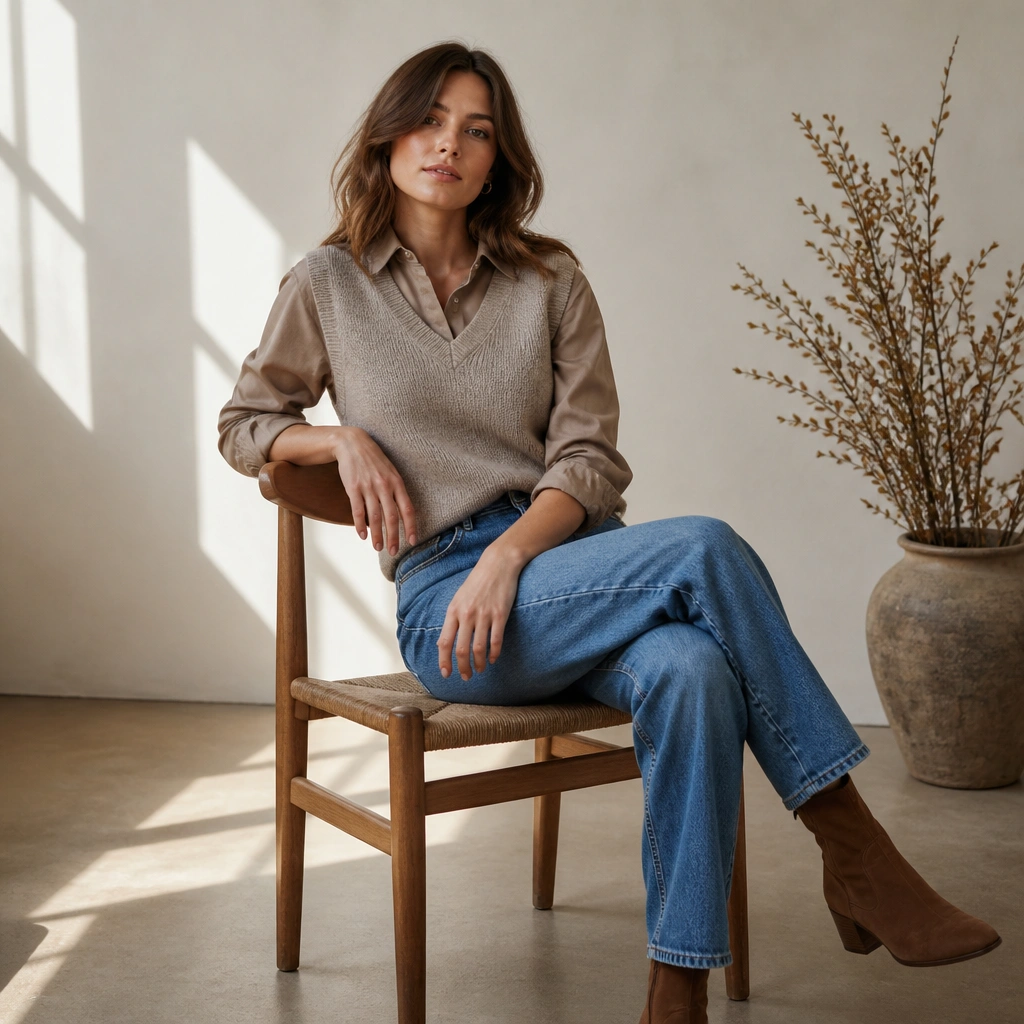 A taupe knit sweater vest layered over a light brown button-down. The collar peeks out neatly, and the outfit pairs with mid-wash jeans and brown ankle boots.