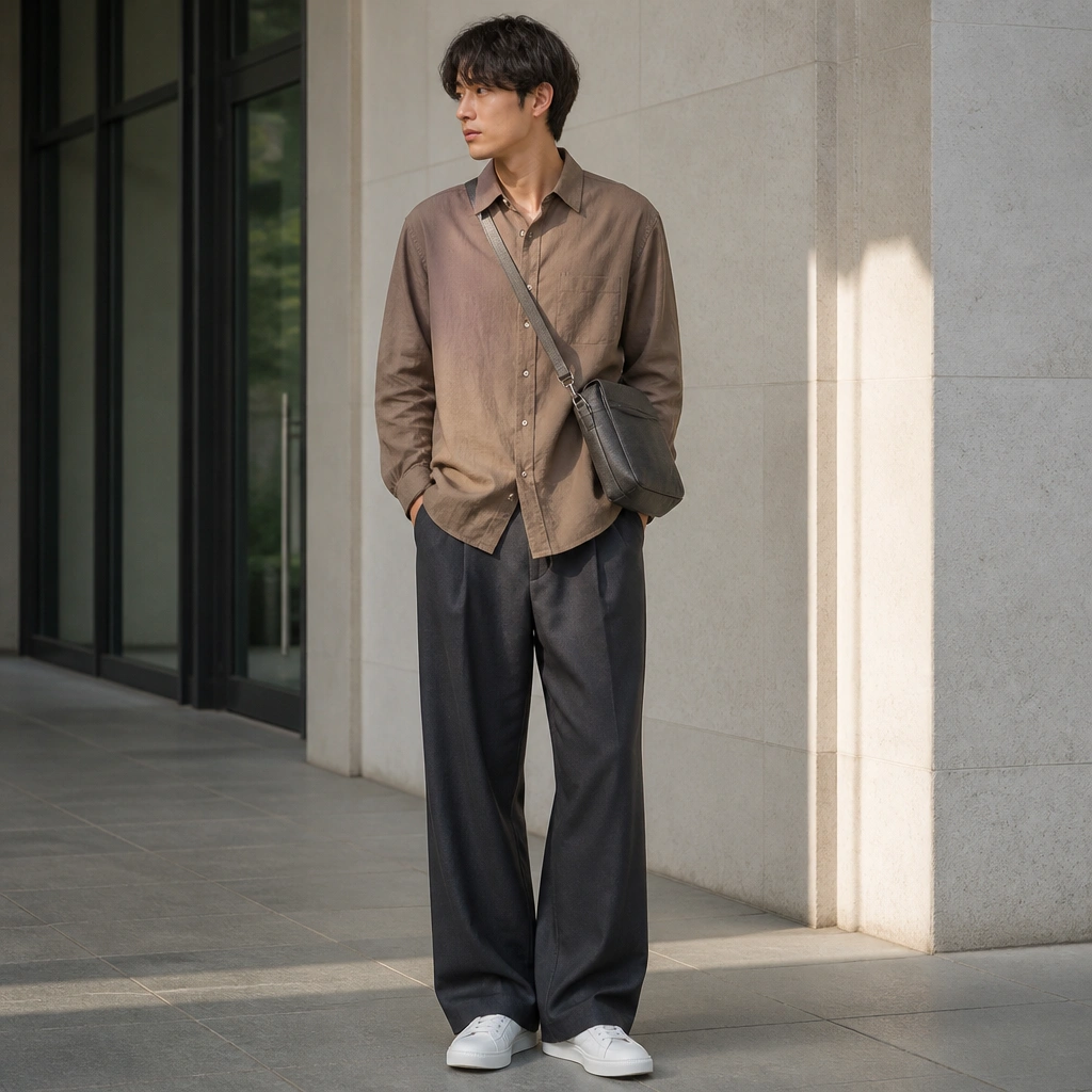A light brown shirt worn untucked over charcoal wide-leg trousers with a slight drape. The outfit is finished with white sneakers and a gray crossbody bag.