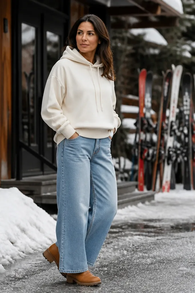Cream hoodie with light blue wide-leg jeans and tan boots