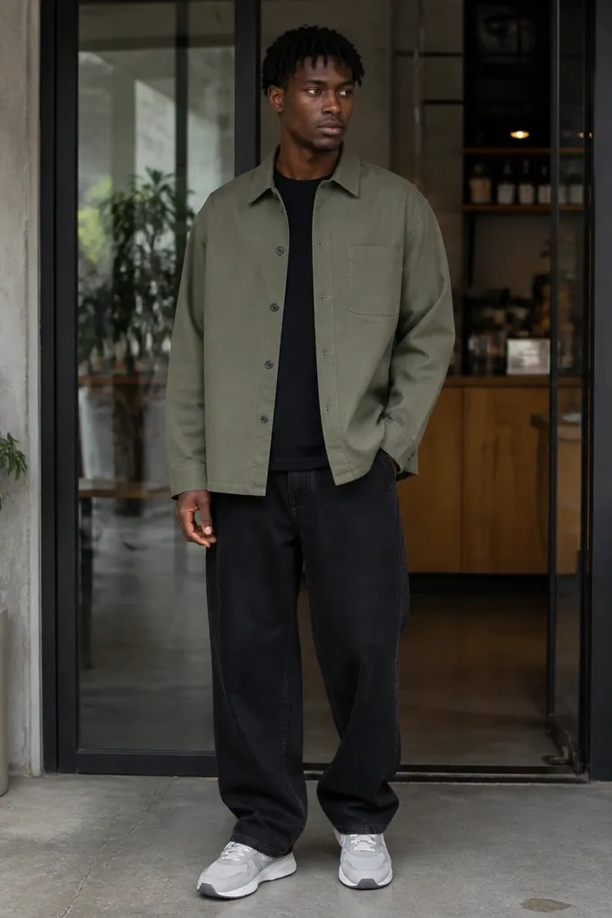 Olive overshirt over black baggy jeans with grey sneakers