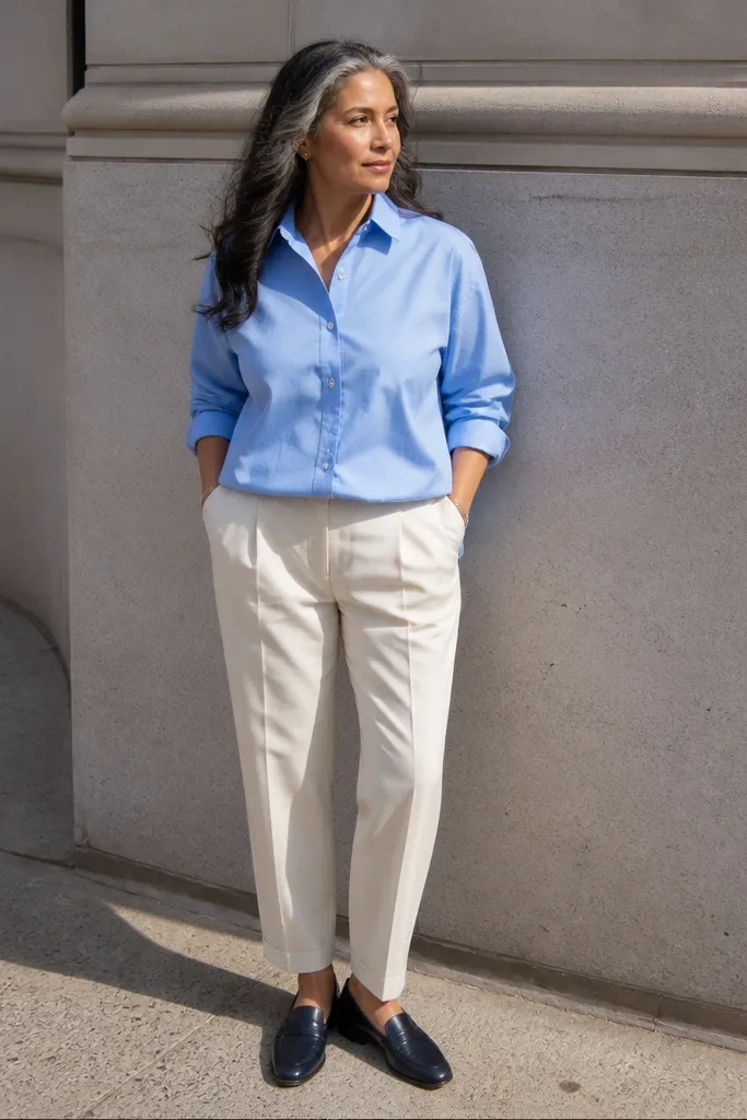 Sky blue button-up with cream chinos and navy loafers