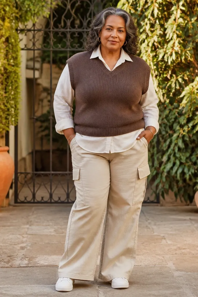 Brown knit vest over a shirt with beige cargo pants and white sneakers