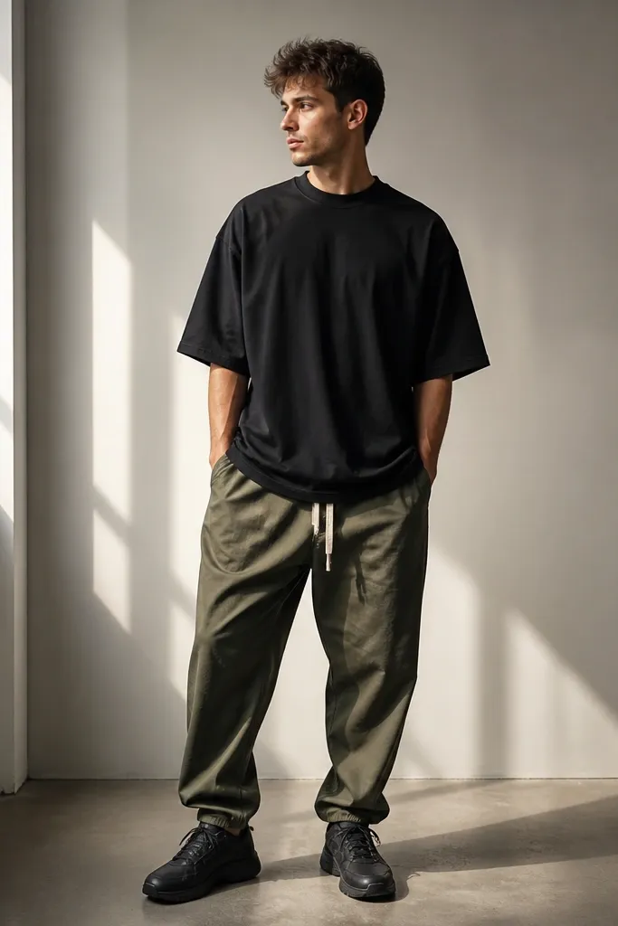 Black oversized tee with olive drawstring pants and dark sneakers