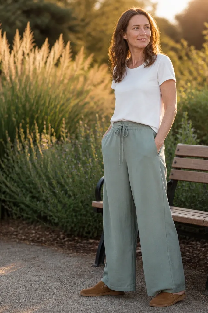 White tee with sage green wide-leg pants and tan suede shoes
