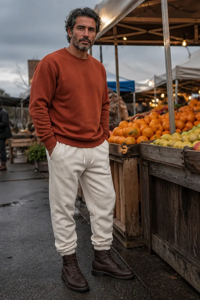 Rust orange sweatshirt with cream sweatpants and dark brown lace-up shoes
