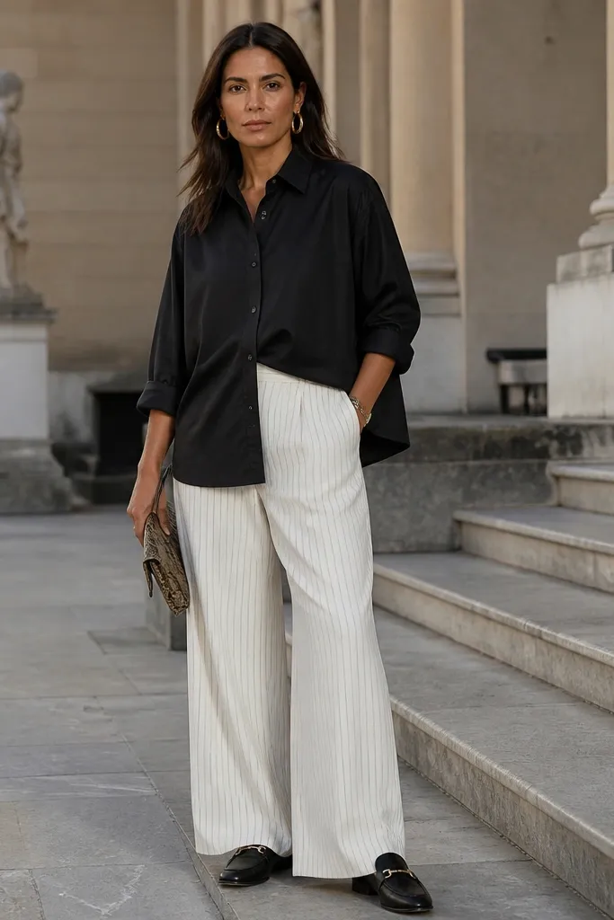 Black oversized shirt with white pinstripe wide-leg trousers and black loafers