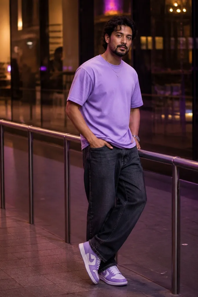 Lilac tee with charcoal baggy jeans and white sneakers with lilac accents
