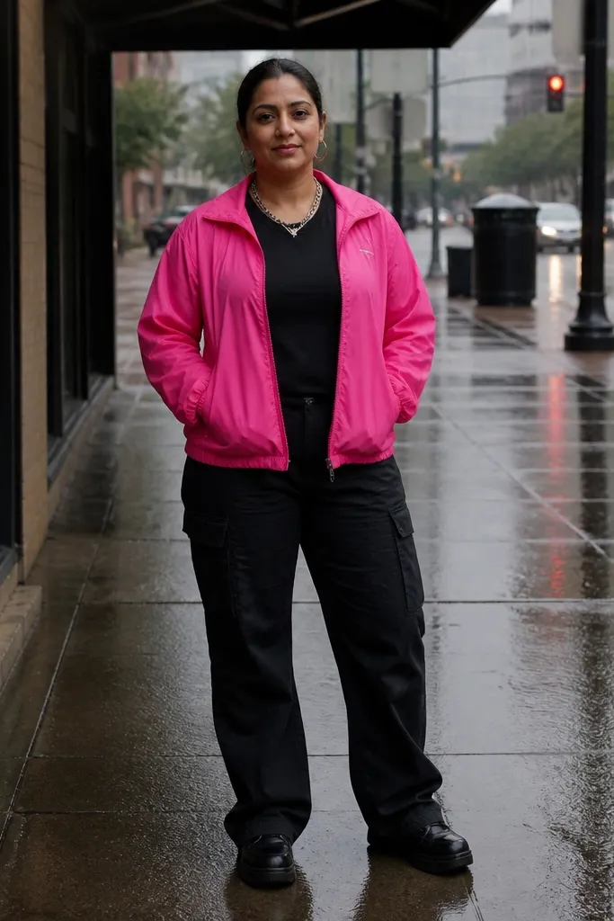 Hot pink windbreaker over black cargo pants with silver accessories