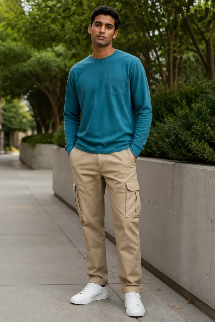 Teal long-sleeve top with tan cargo pants and white trainers