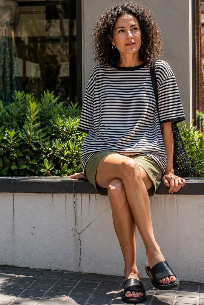 Black and white striped tee with olive shorts and black slides