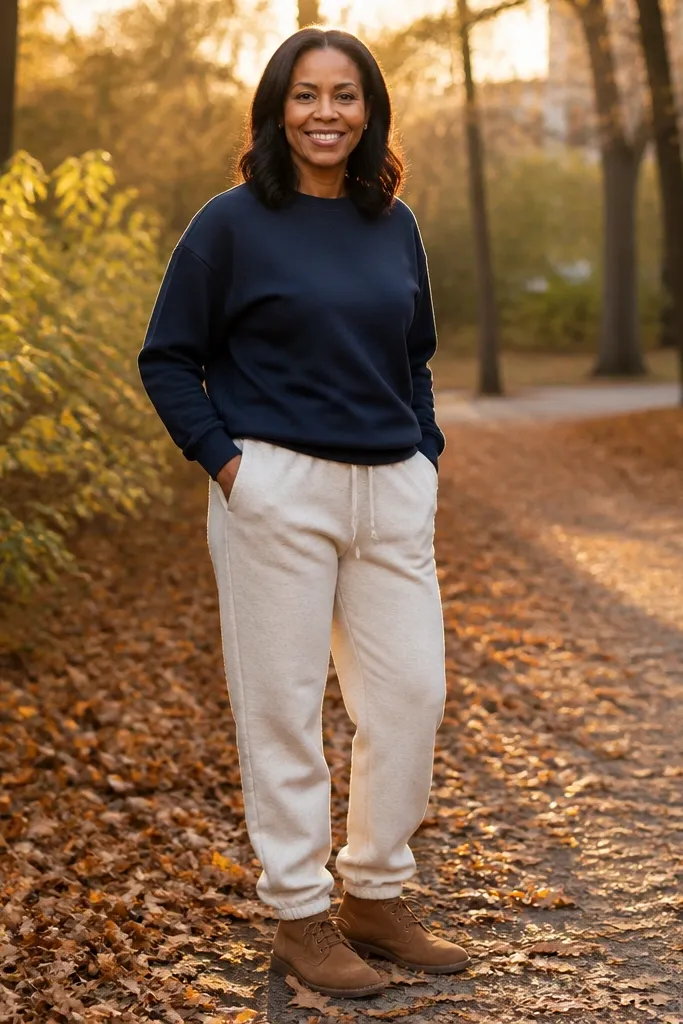 Navy sweatshirt with oatmeal sweatpants and brown suede desert boots