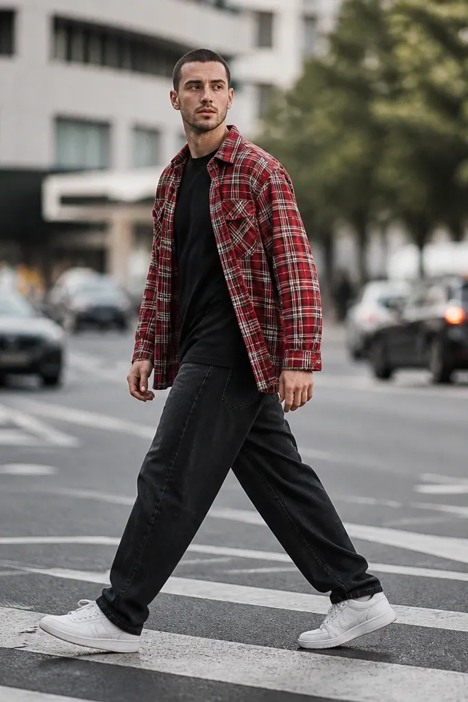Red plaid overshirt over black baggy jeans with white sneakers