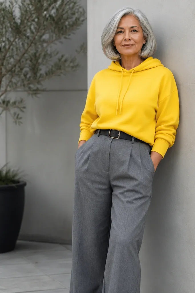 Yellow hoodie with grey wide-leg trousers and a black belt