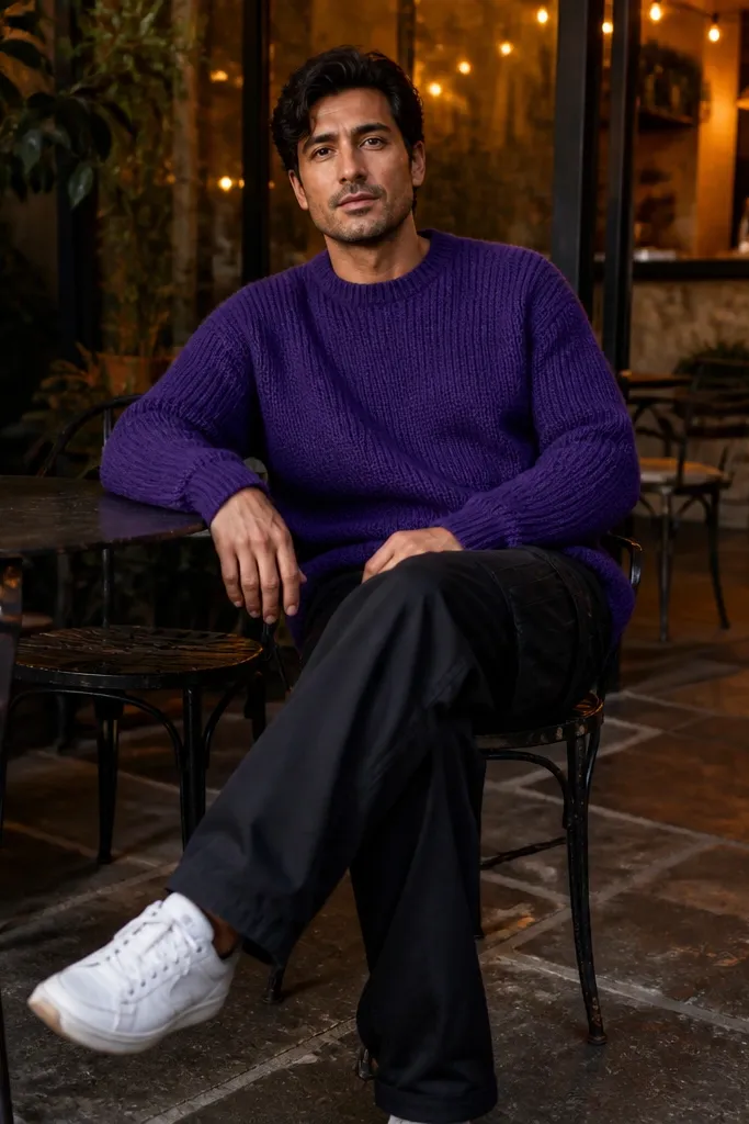 Purple knit sweater with black cargo pants and white low-top sneakers