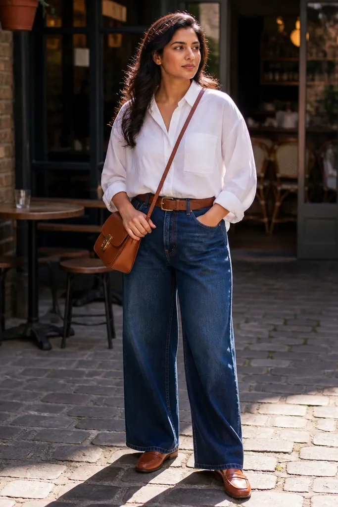 White oversized shirt with denim-blue wide-leg pants and cognac accessories