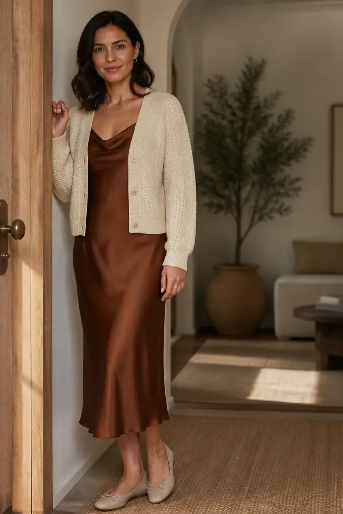 Cognac silk slip dress with a cream cardigan and tan strappy heels